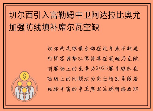 切尔西引入富勒姆中卫阿达拉比奥尤加强防线填补席尔瓦空缺
